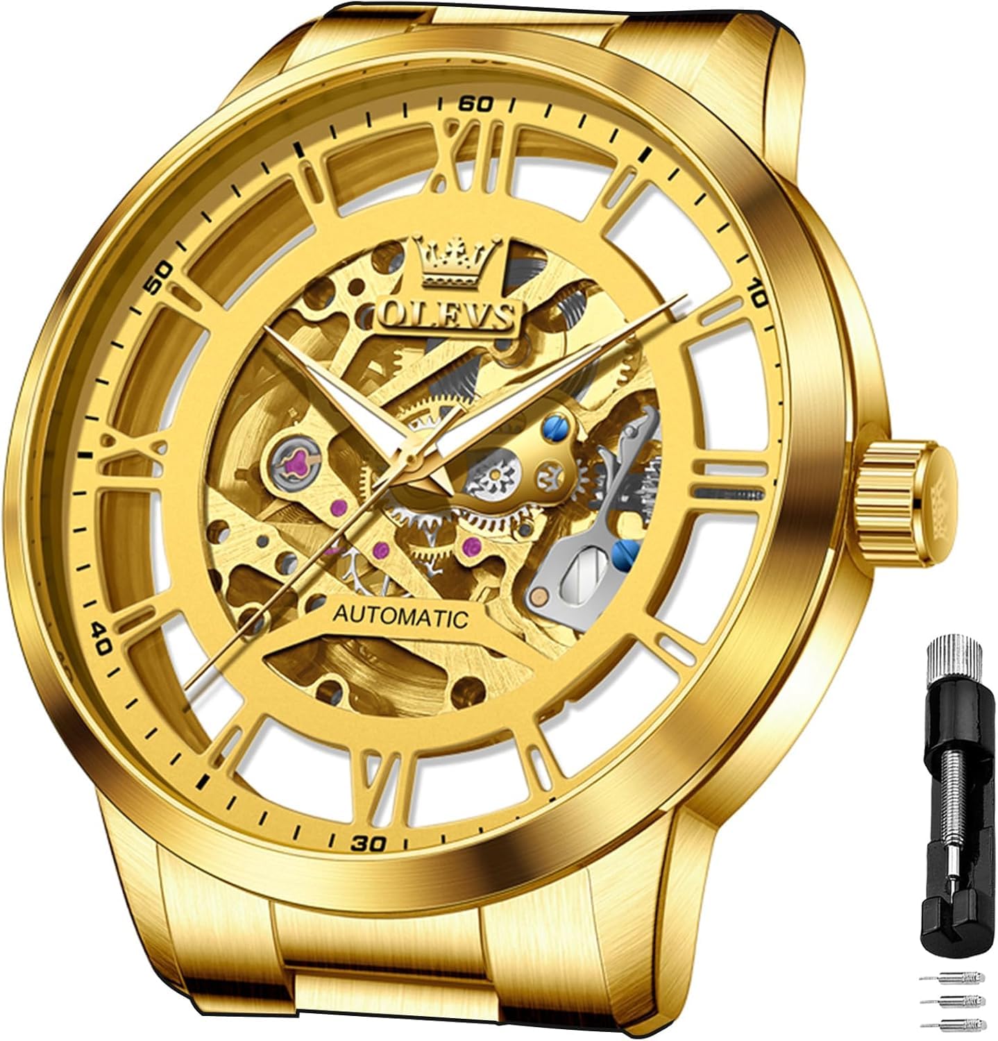 OLEVS Herrenuhren Goldene Schwarz Edelstahlarmband Quarz Uhr Männer mit Datum Wasserdicht Leuchtende Klassische Elegantes Armbanduhr Geschenk