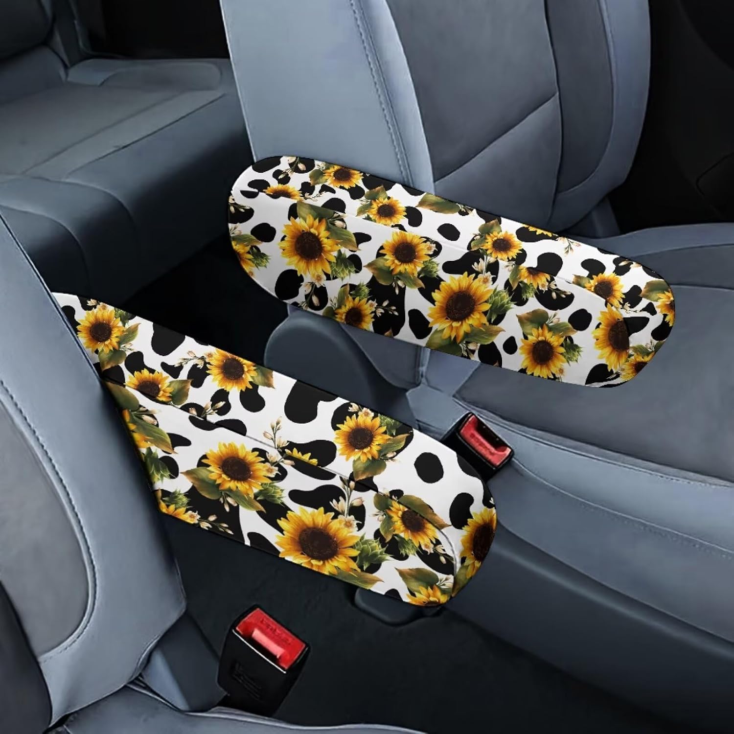 Horeset Cow Print Sunflower 2PC Car Front Seat Armrest Covers,Universal Size Seat Arm Rest Cover Car Interior Accessories for Car, SUV, Truck