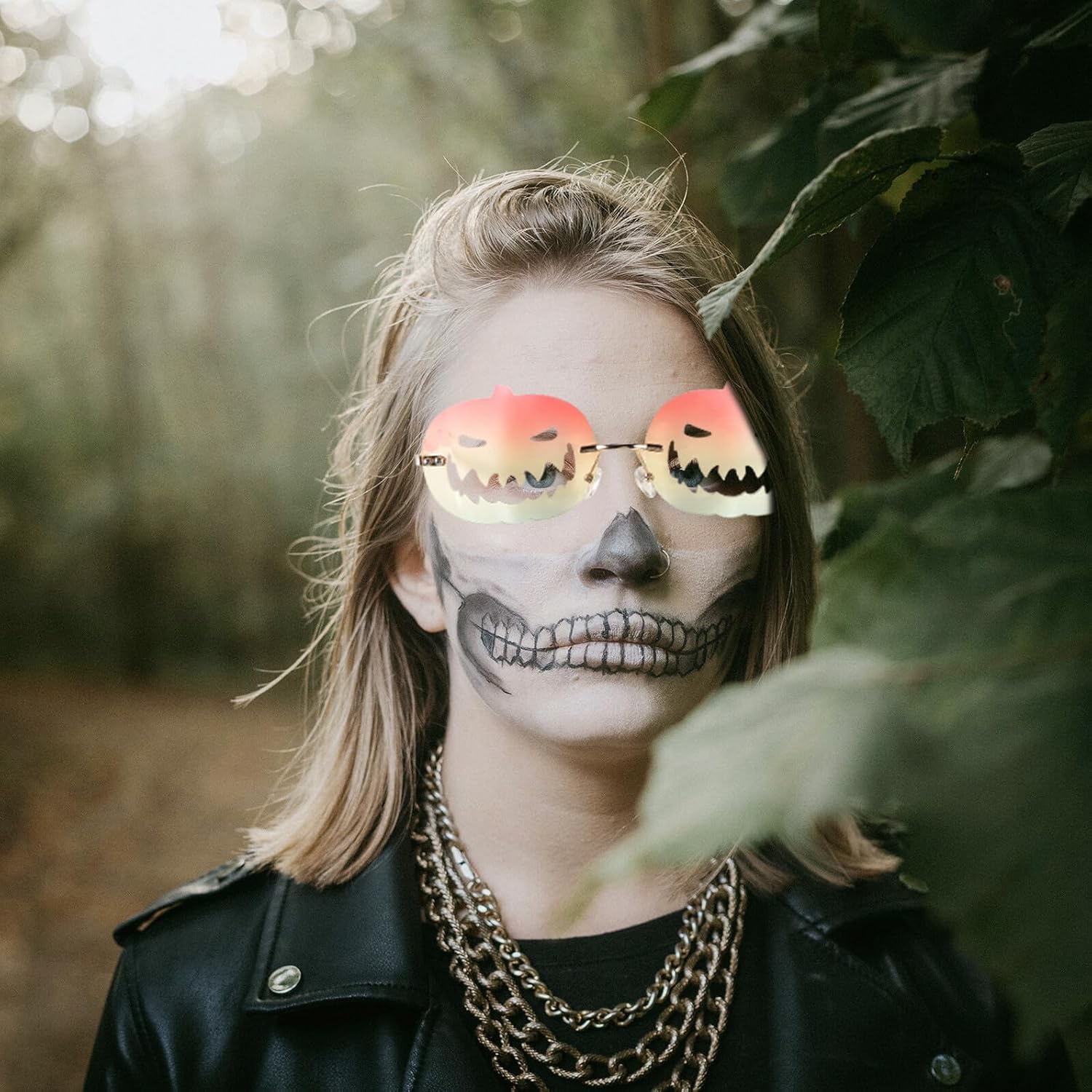 Halloween Pumpkin Frameless Sunglasses for Adults, Funny Rimless Party Glasses with Red Yellow Emerald Lenses, Oval Large Frame Eyewear for Men and Women