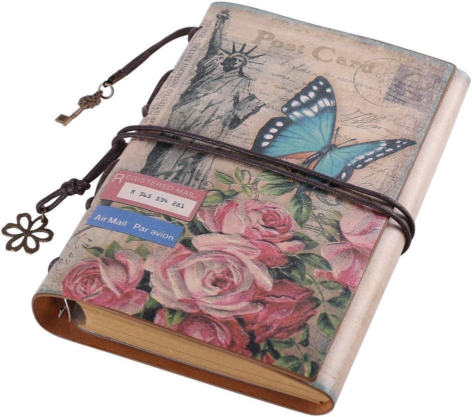Adhesive Scrapbook Photo Album Leather Journal Refillable, BILUSOCN Antique Traveler Notebook to Write in for Art Sketchbook, Diary Planner and Photo Album with Drawing Paper (A6, Butterfly)