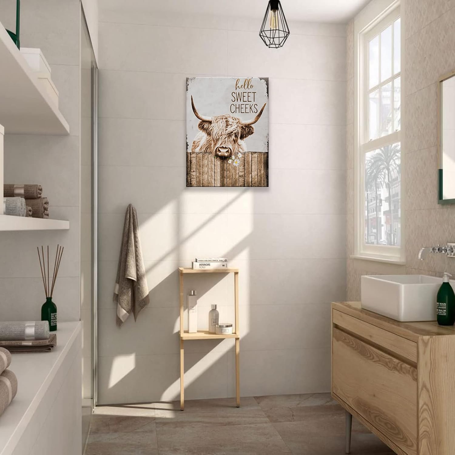 Highland Cow Wall Art - Rustic Cow Pictures, Farmhouse Bathroom Decor, Country Cattle Painting, 16x24 inch Framed Canvas Print for Office, Bedroom, Kitchen, Dining Room