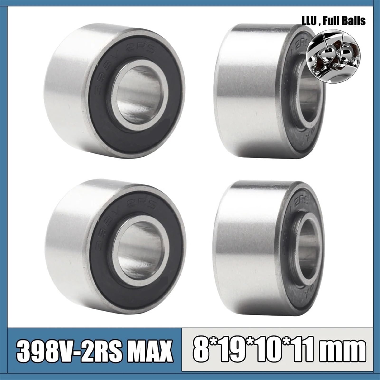 Rodamientos 398V 2RS MAX de 8 * 19 * 10 * 11 mm (2 Piezas) de Acero Cromado sellados con Grasa Rodamiento de Bolas Completo for Carrito de 398 V for Bicicleta