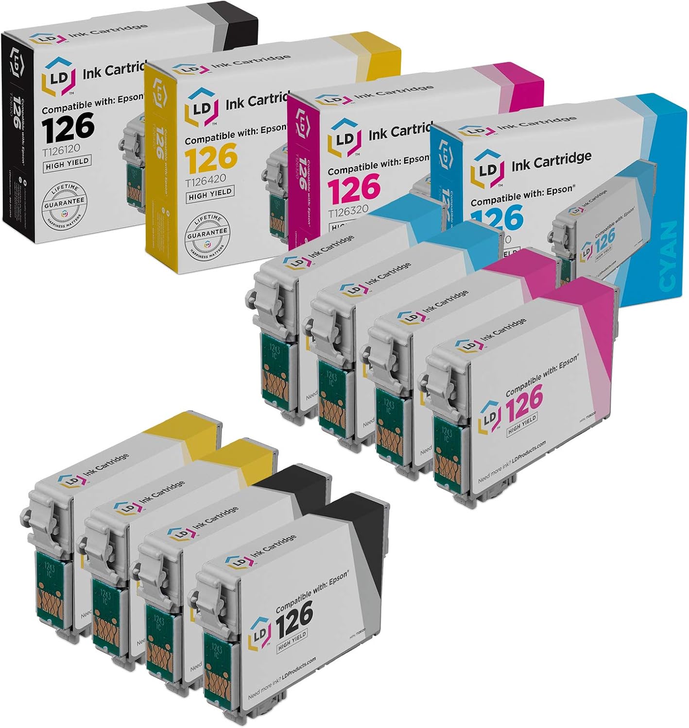 LD Remanufactured Replacements for Epson 126 Ink Cartridge High Capacity (8pk, Multipack with Black) Compatible with Epson Workforce 520 630 633 635 60 840, Stylus NX430 435 545 645 845 WF-7010