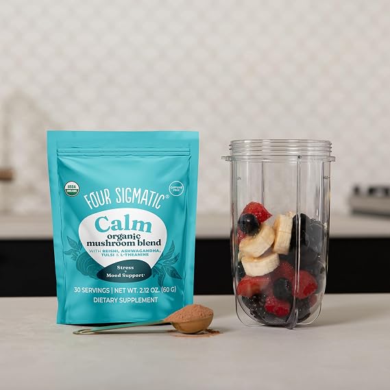 Four Sigmatic Calm Mushroom Blend | Adaptogen Supplement with Ashwagandha, Reishi, Tulsi, Cordyceps, Chaga, Rose Hips, and More | Natural Stress Relief and Immune Support Supplement | 30 Servings
