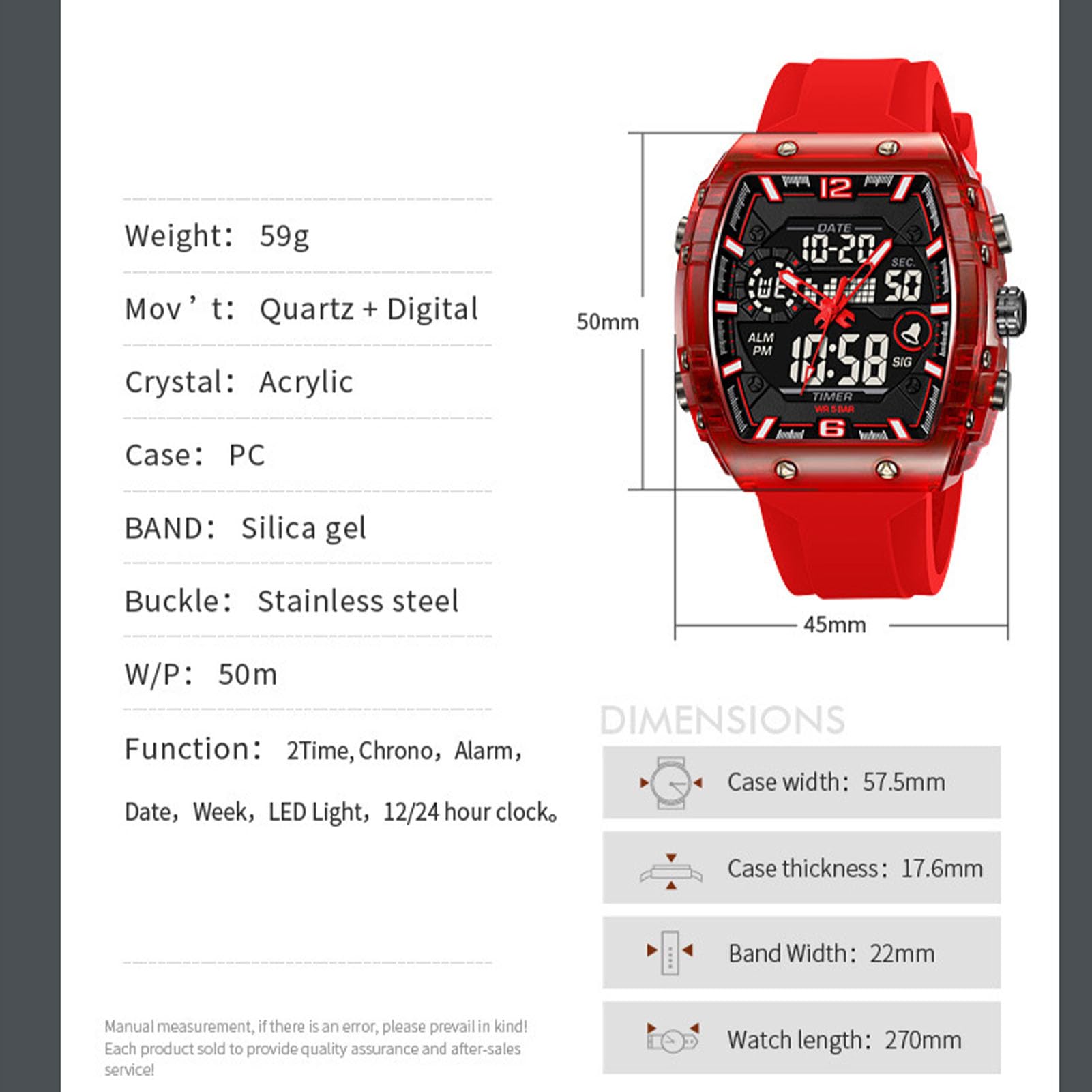 Reloj militar táctico deportivo para hombre, cronómetro de gran esfera 5 ATM, alarma retroiluminada, reloj de pulsera para exterior analógico digital, naranja, correa