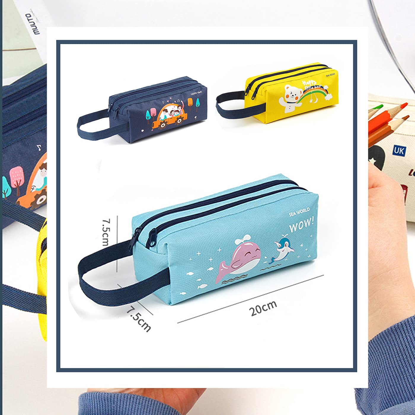 Trousse Scolaire à Deux Compartiments Grande Capacité Pochette en Tissu 20x7.5cm Bleu