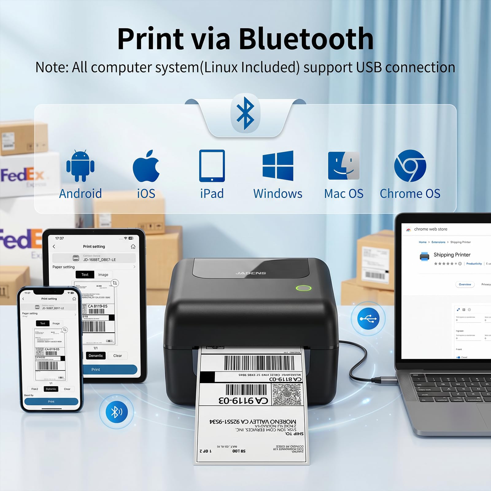 Stampante termica Bluetooth per etichette con cestino per etichette integrato, stampante wireless 4x6 per iPhone, Android, Windows e Mac, include 50 etichette, funziona con USPS, UPS, Amazon, Etsy