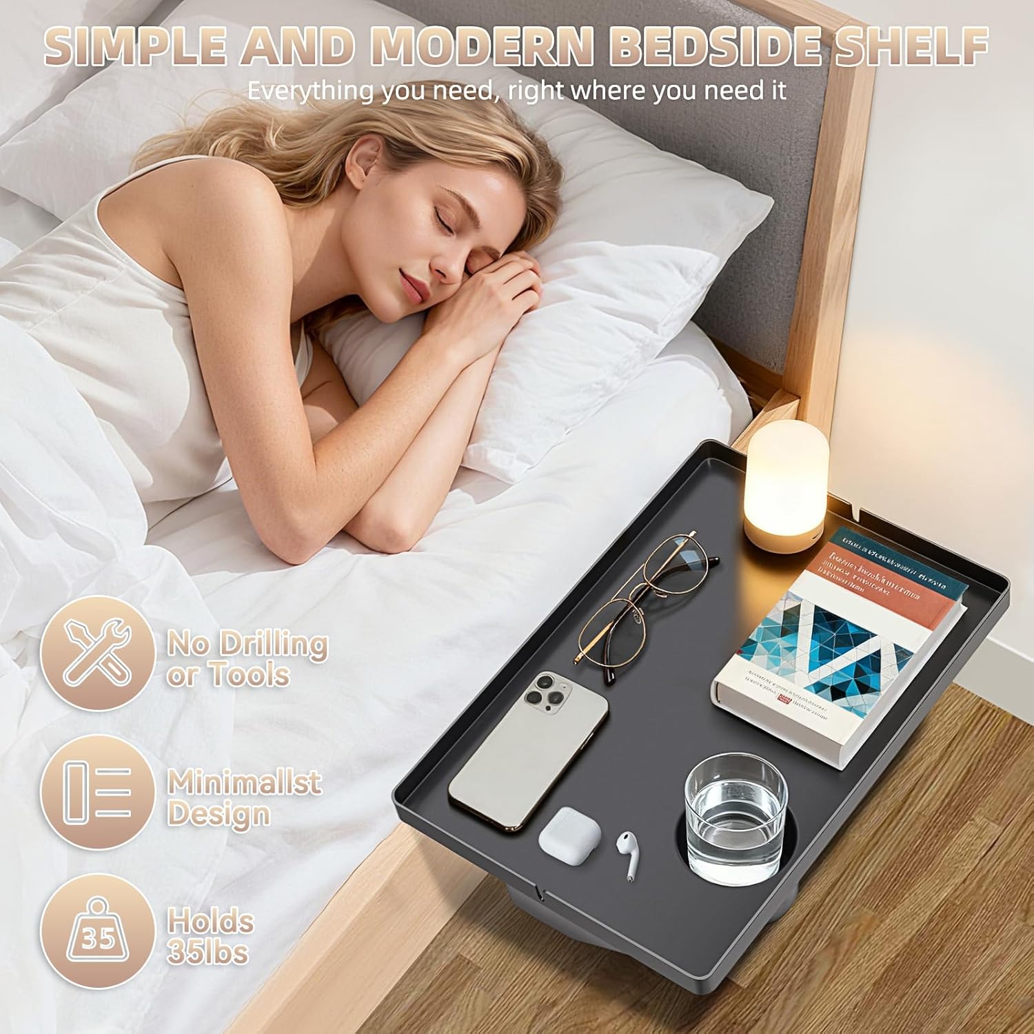 Bedside Shelf Dorm Bunk Bed, Bedside Caddy Shelf Dorm Bed, No Drill College Nightstand Organizer for Personal Items Books Glasses Apartment Bedroom Compact Space Solution Large+Black