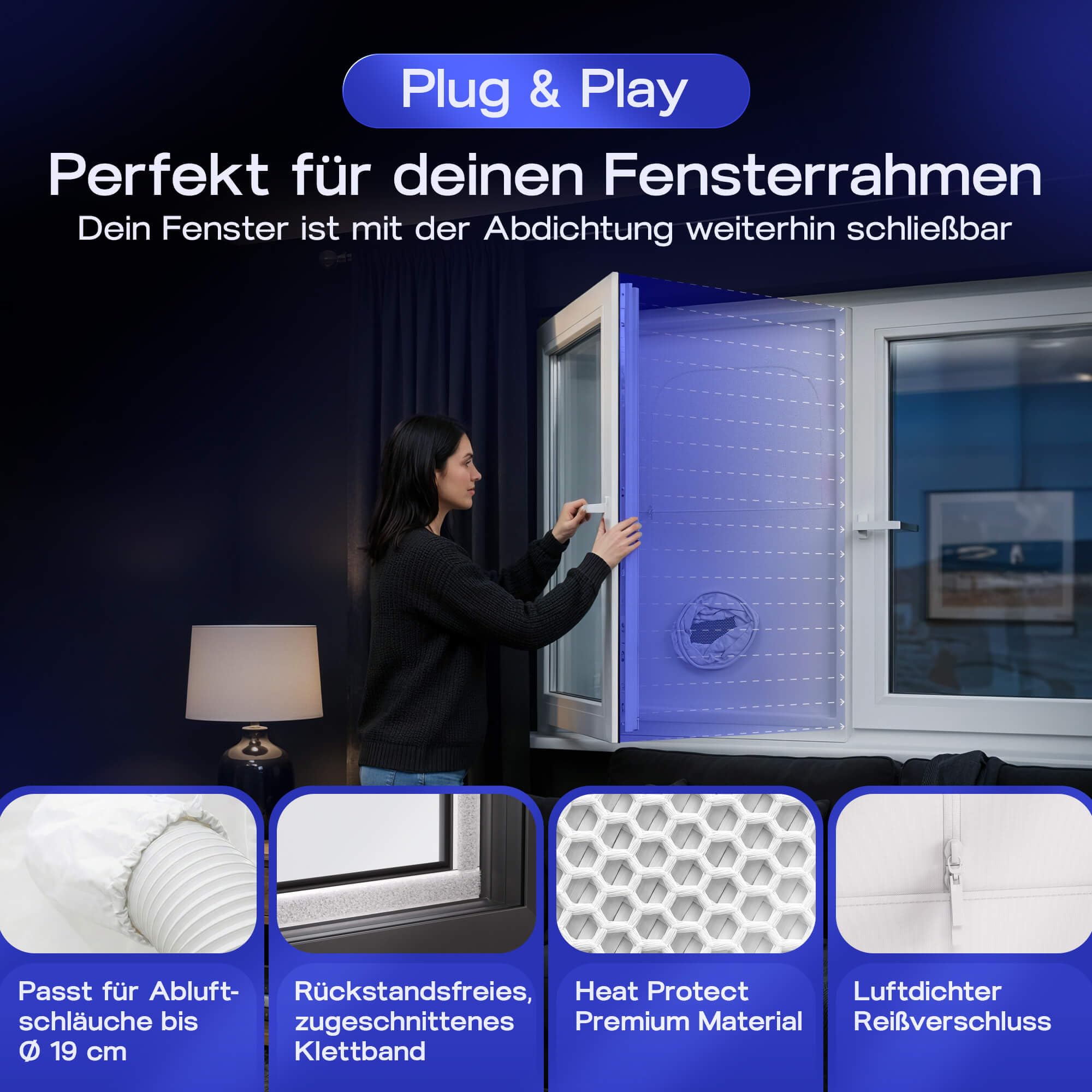 Fensterabdichtung für mobile Klimaanlagen & Klimageräte am Fenster | HeatProtect, Insektengitter, Kippfenster schließbar, Jeder Abluftschlauch, ohne Bohren