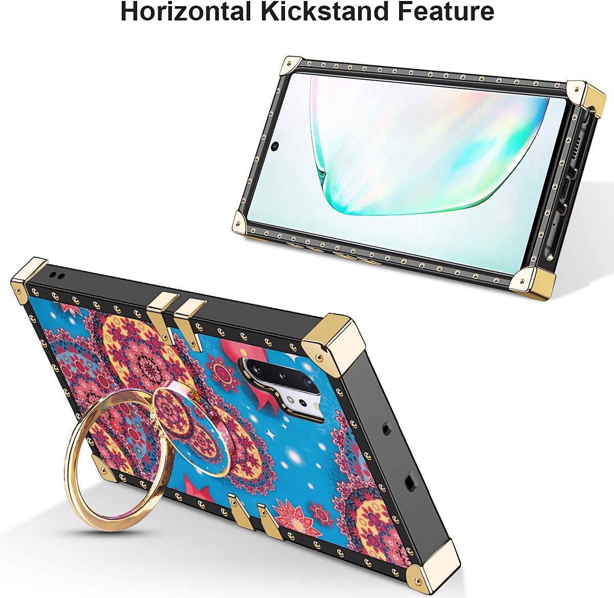 Vofolen for Galaxy Note 10 Plus Case N10+ Ring Holder Kickstand Exotic Colorful Square Anti-Shock Protective TPU Rubber Shell Anti-Slip Finger Loop Cover for Samsung Galaxy Note 10+ -Blue