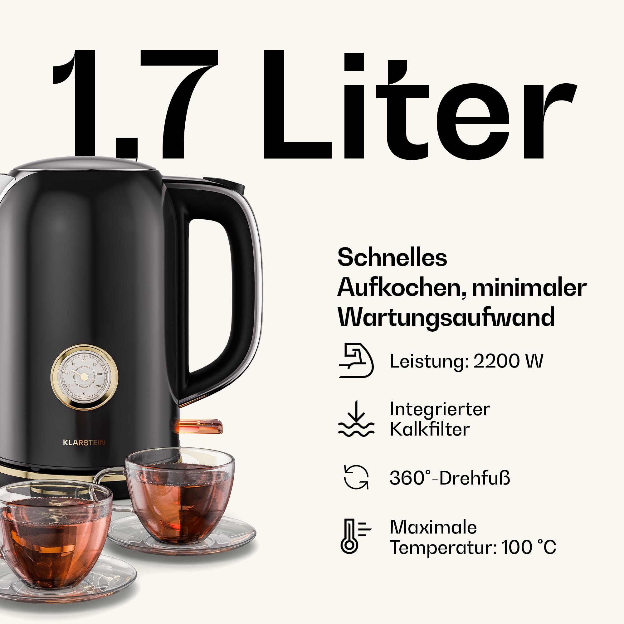 Klarstein Victoria Toaster Wasserkocher Set, Retro Design, 2 Scheiben Toaster, 1,7L Wasserkocher, Schwarz