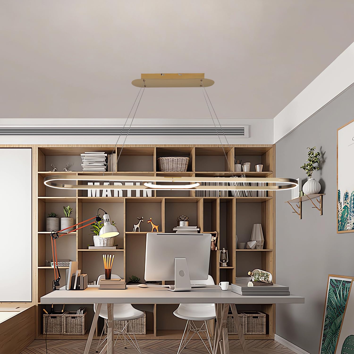 Moderne Chrom LED-Pendelleuchte,dimmbare lineare Esstisch-Kronleuchte 75W 3000K-6000K,ferngesteuerte verstellbare Luxus-Oval-Aluminium-Leuchte,Hängelampe für Kücheninsel,Esszimmer Büro (Gold, L120cm)