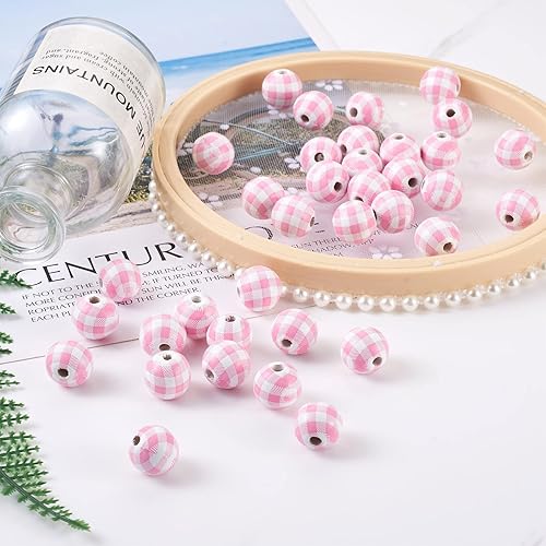 Miniatura 7 de Pandahall - 50 cuentas de madera con estampado de búfalo a cuadros, color rosa y blanco, cuentas redondas de madera para manualidades, guirnalda de