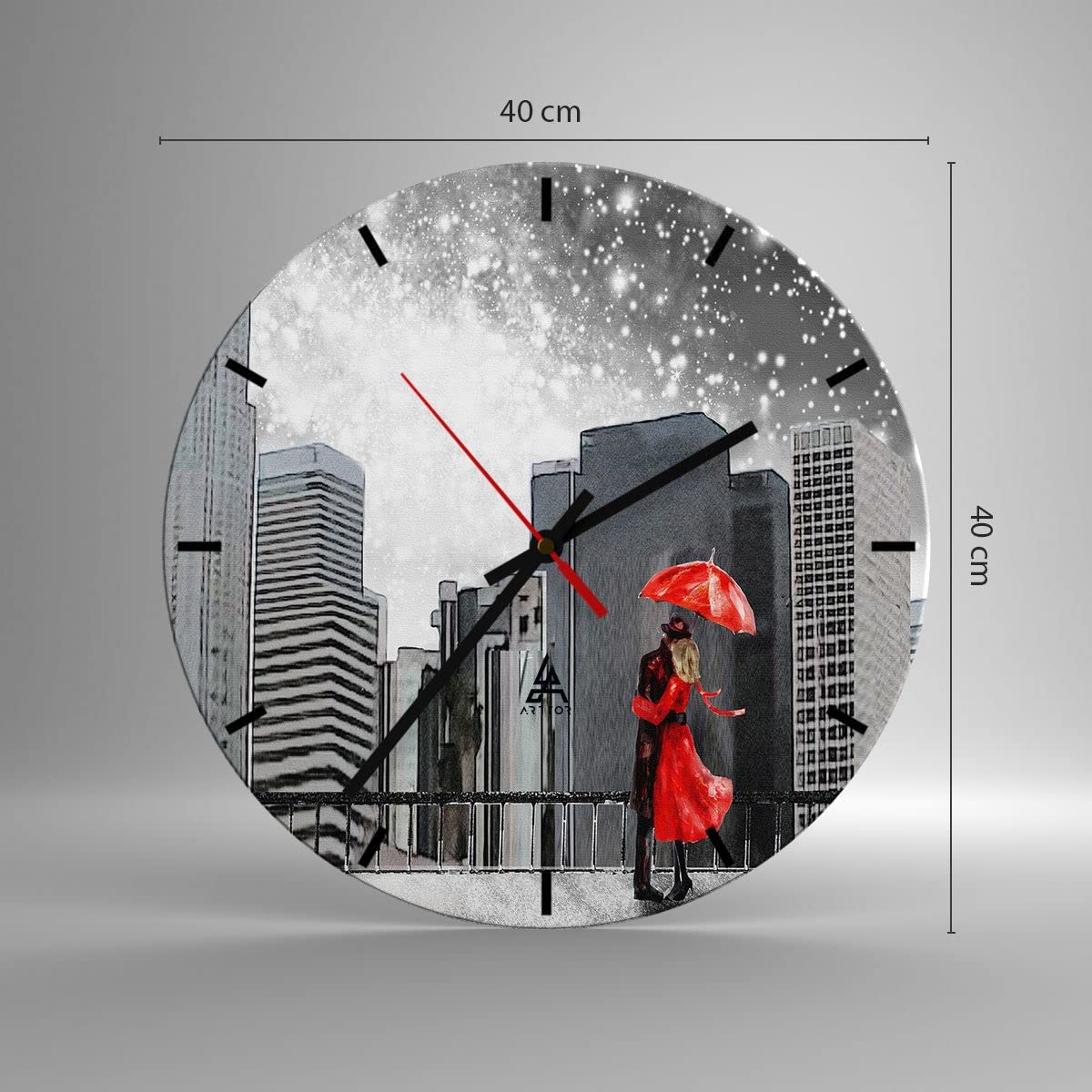 ARTTOR Zegar ścienny na szkle 40x40 cm Nowoczesny miasto dom ulica Cichy zegar na ścianę Sypialnia Kuchnia Deko Dekoracja ścienna Salon Wall Clock Dekor Duży C3AR40x40-3948