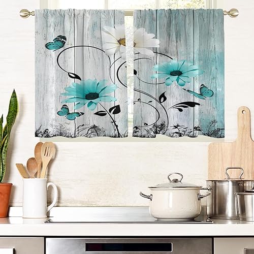 Miniatura 7 de AAtter Cortinas florales amarillas para ventana de cocina, diseño abstracto de margaritas blancas botánicas, pequeñas y cortas, para el hogar, sala