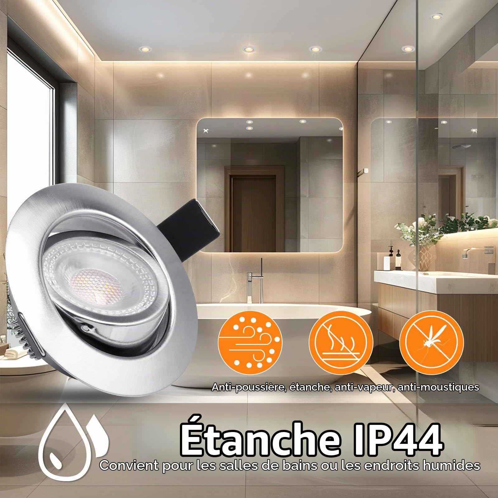 Spot LED Encastrable Orientable, 5W Spot Led Plafond Dimmable 220V Blanc Neutre 4000K 500LM Spot Encastrable LED Extra Plat, IP44 Spots Encastrés Ø68-75mm, Chambre, Salon, Salle de Bain, Lot de 6
