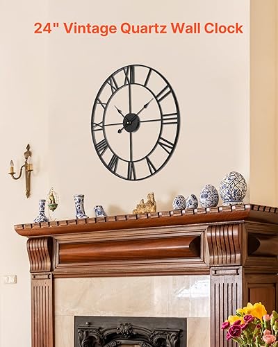 Miniatura 2 de VEVOR Reloj de pared grande, reloj de pared de 24 pulgadas con números romanos, funciona con pilas, silencioso, clásico, decorativo, redondo, para