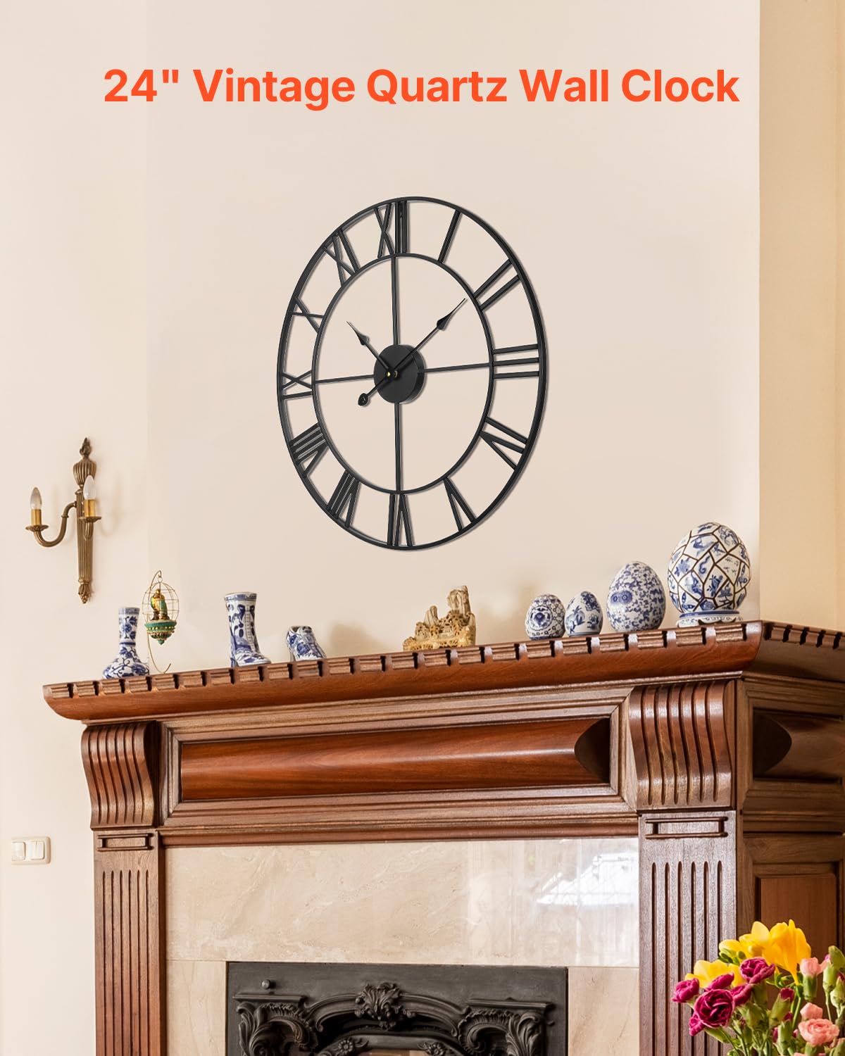 VEVOR Reloj de pared grande, reloj de pared de 24 pulgadas, números romanos, funciona con pilas, silencioso, clásico, decorativo, redondo, para sala de estar, dormitorio, oficina, cocina, comedor,