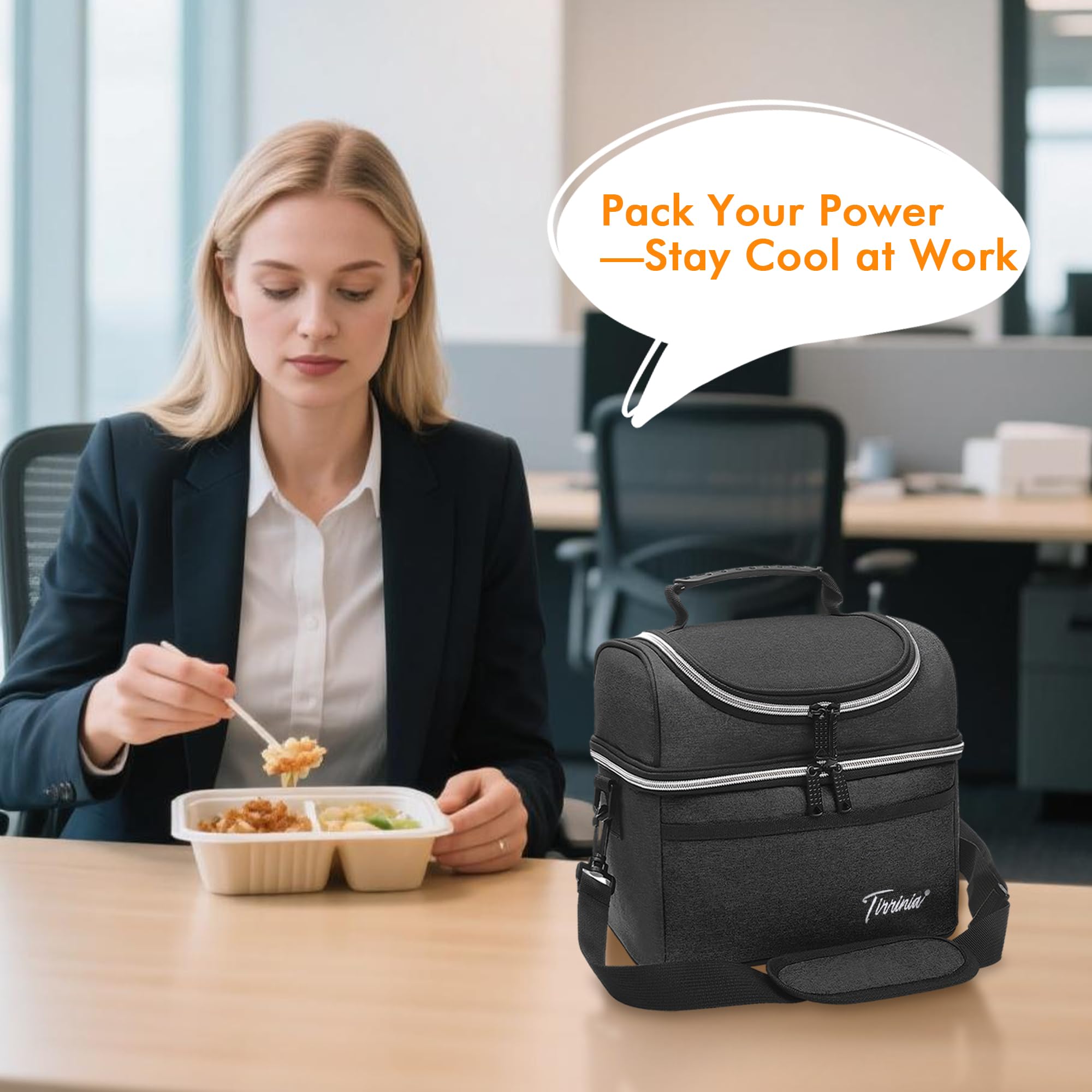 Tirrinia Reusable Lunch Box for Men Women, Insulated Lunch Bag Adult Work, Double Decker Leakproof Lunchbox for Office Picnic Beach—Dual Compartment Lunch Cooler Bag,Black
