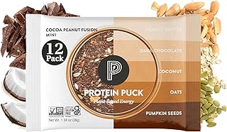 Protein Puck Vegan Plant based Protein Bar – Natural Healthy Snack Bars, 12 Count, 1.34oz Mini, Gluten Free, Dairy Free, No GMO, Kosher – Cocoa Peanut Fusion - Chocolate, Peanut Butter, Sport Nutrition
