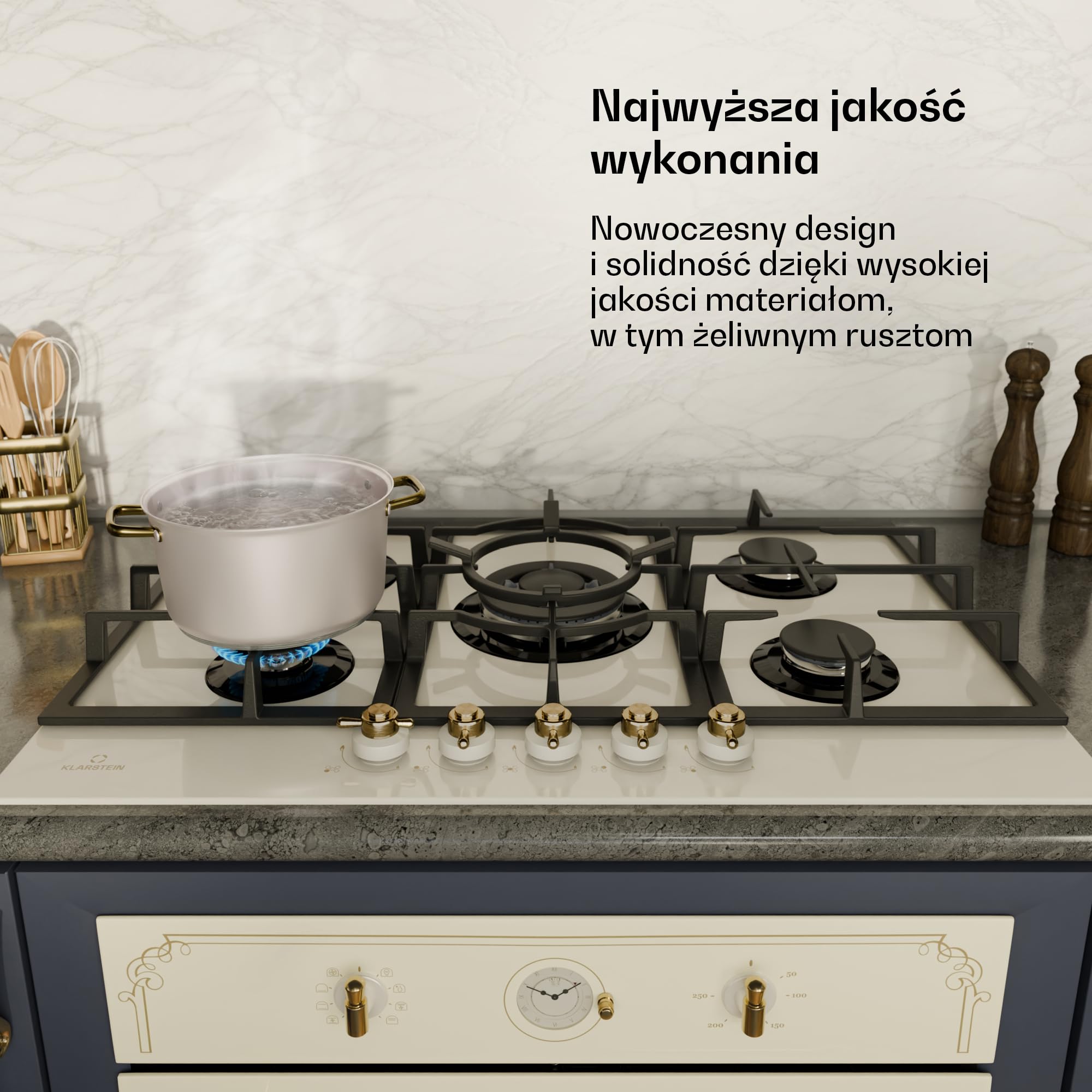 Klarstein Victoria Kuchenka gazowa, do zabudowy, palnik Sabaf, gaz ziemny/propan, automatyczne wyłączanie, żeliwne uchwyty do garnków, wygląd retro, 5 palników, biała