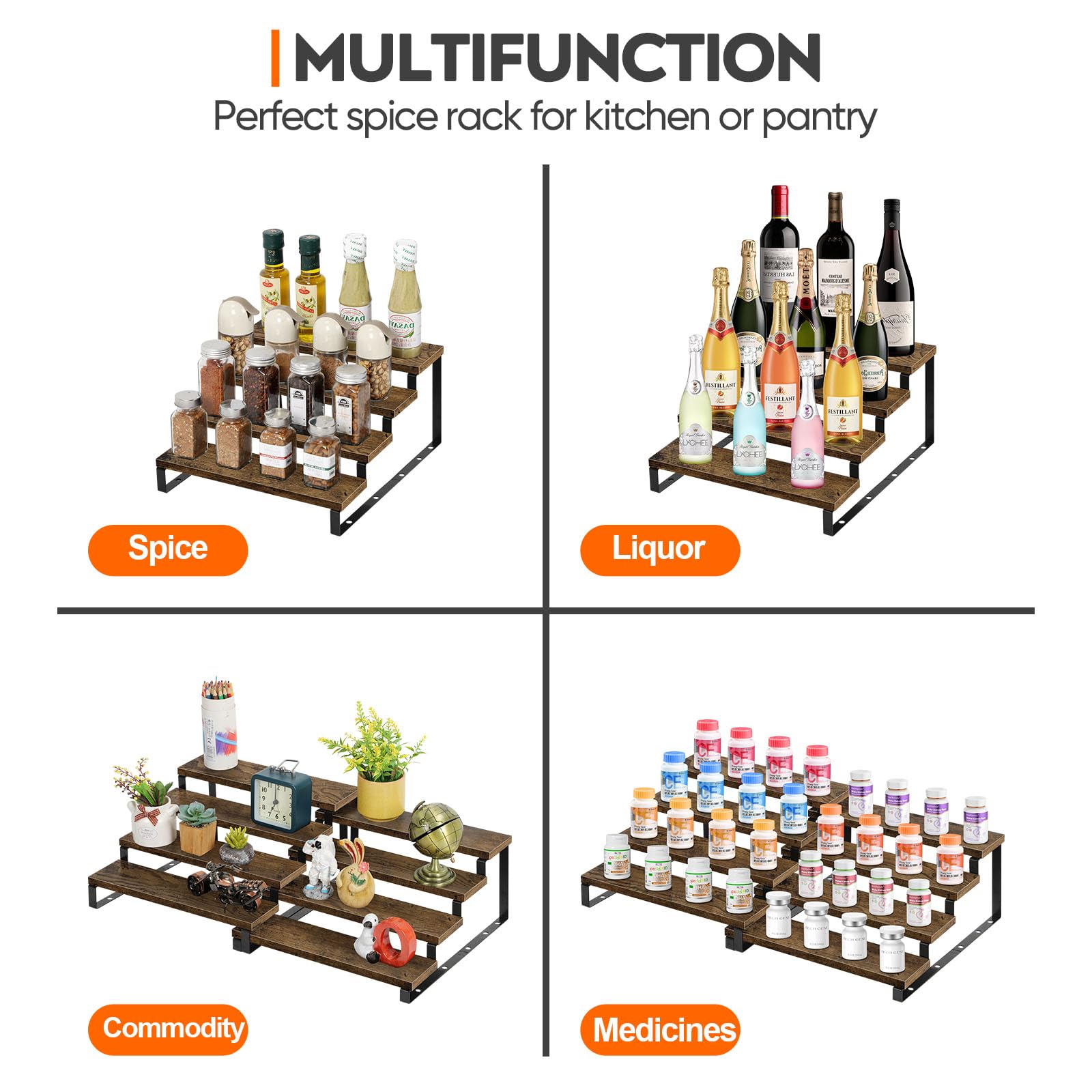 MOOACE Wooden Expandable Spice Rack Organizer 4 Pack, 4 Tier Adjustable Step Shelf Countertop Spice Storage Holder, Great for Kitchen Cabinet, Cupboard, Pantry and More