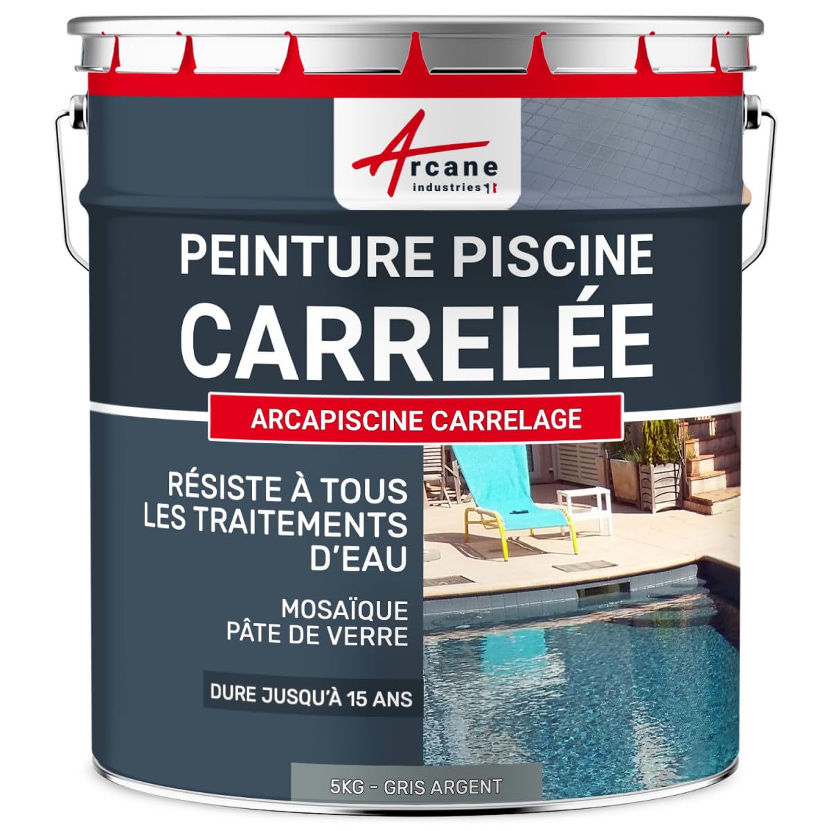 ARCANE INDUSTRIES Peinture Piscine carrelage et mosaïque - Polyuréthane aliphatique - 5 kg (jusqu'à 15m² pour 2 Couches) Gris Argent - RAL 7001