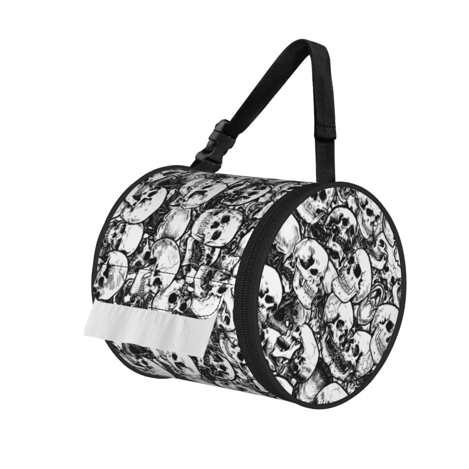 Black And White Skulls Pattern Print Round Paper Tissue Holder With Shoulder Strap, Portable Roll Case For Caravan Travel Use