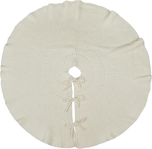 Miniatura 2 de LimBridge Falda de árbol de Navidad de punto 36 pulgadas de falda de árbol blanco crema, borde de hoja de loto de punto trenzado grueso rústico