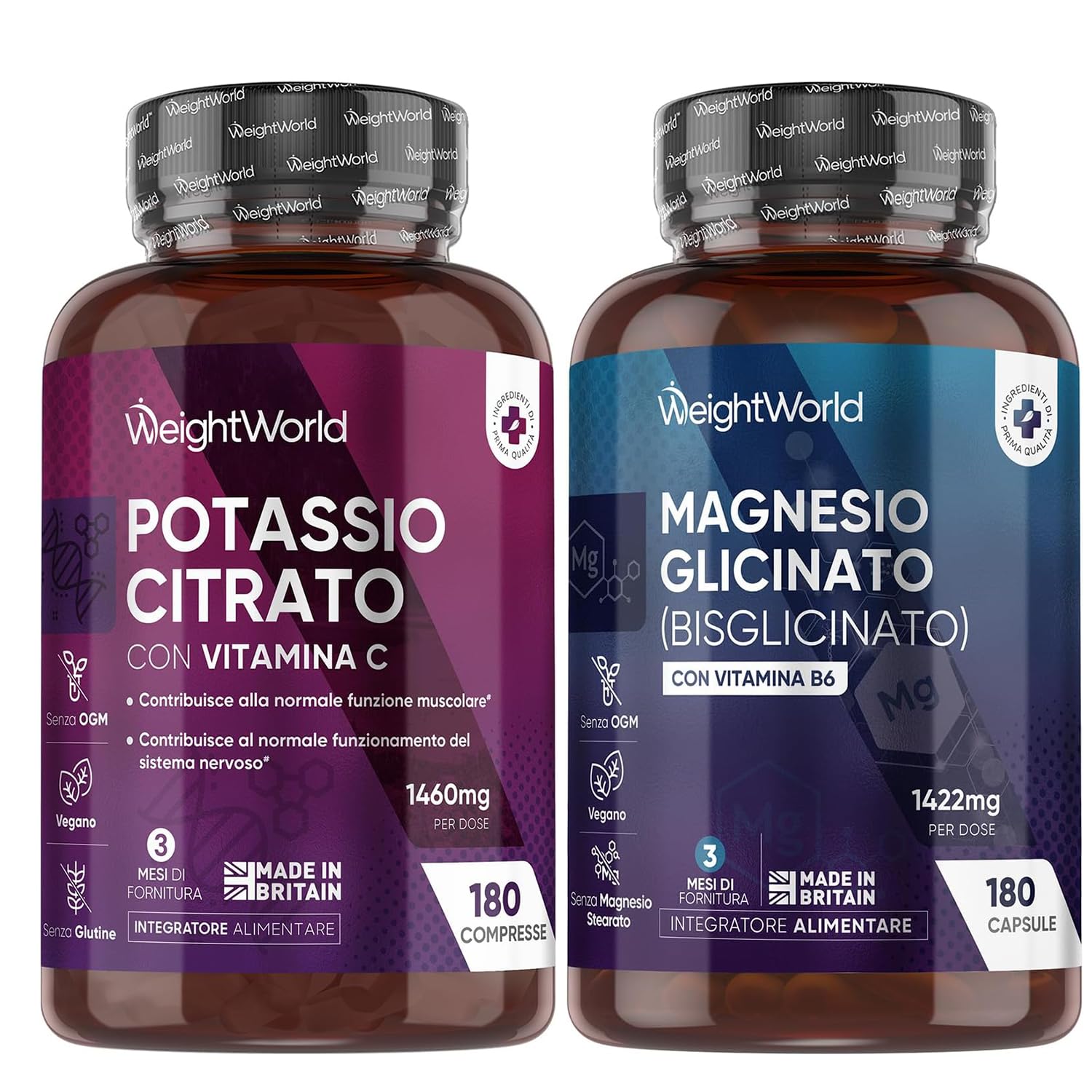 Magnesio Biglicinato e Potassio Citrato Bundle, 180 Capsule + 180 Compresse, 1422mg di Magnesio Glicinato con Vitamina B6, 1460mg di Potassio Integratore con Vitamina C, Vegano, Senza OGM