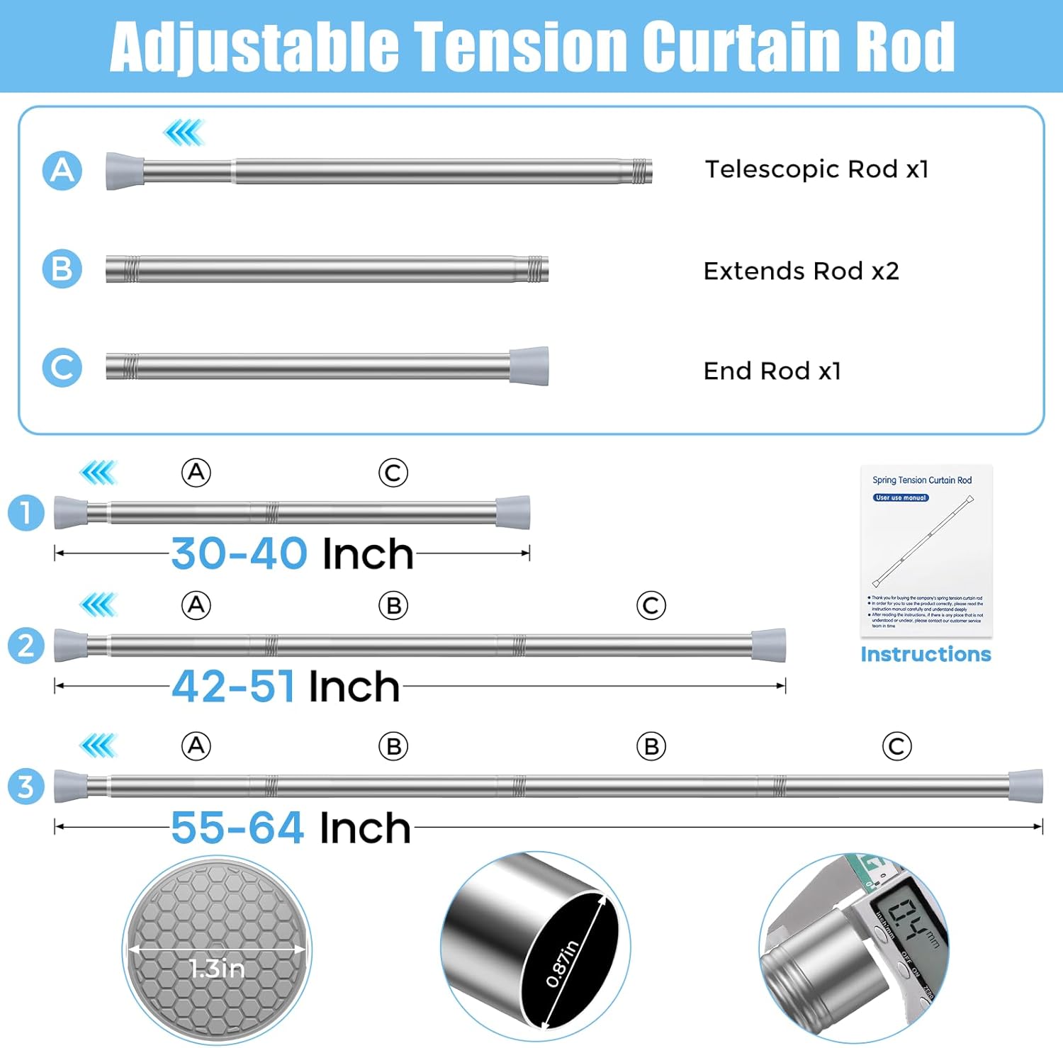 aizesi shower curtain rod 30-64 inch adjustable curtain rods never rust & non-slip spring tension curtain rods no drilling shower rods for bathroom window kitchen, silver silver 30" to 64"-1pcs