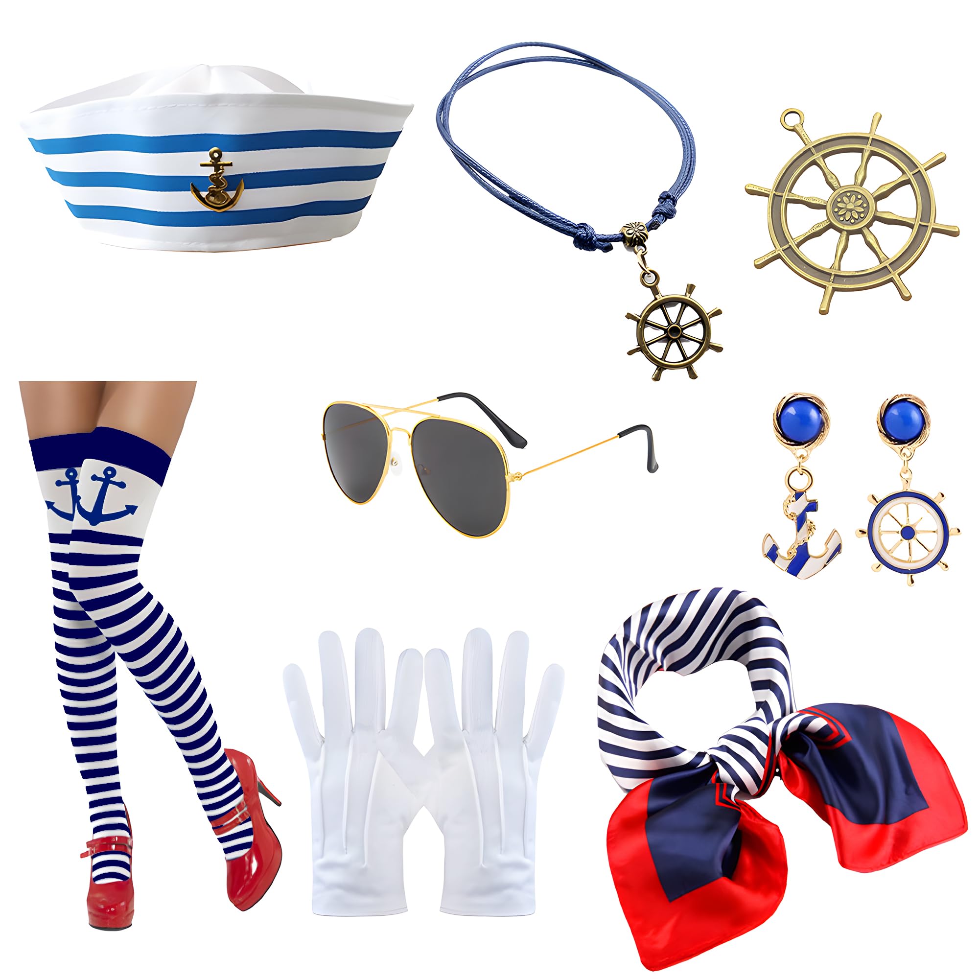 Jyeennar Women Sailor Costume Set,Stylish Navy & White Striped Hat Outfit,Captain Sailor Costume Women,Nautical Fancy Dressing Up for Cosplay Nautical Themes Party