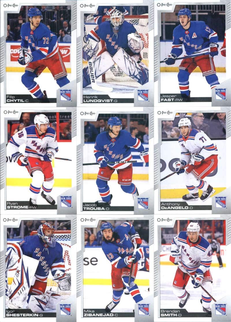 2020-21 O-Pee-Chee New York Rangers Team Set of 16 Cards: Filip Chytil(#28), Henrik Lundqvist(#62), Jesper Fast(#115), Ryan Strome(#123), Jacob Trouba(#147), Tony DeAngelo(#163), Igor Shesterkin(#194), Pavel Buchnevich(#205), Brendan Lemieux(#208), Chris Kreider(#262), Kaapo Kakko(#277), Mika Zibanejad(#330), Brendan Smith(#394), Artemi Panarin(#417), Alexandar Georgiev(#464), Adam Fox(#471)