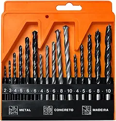 Jogo Broca 16 Peças Estojo Madeira Metal Ferro Concreto