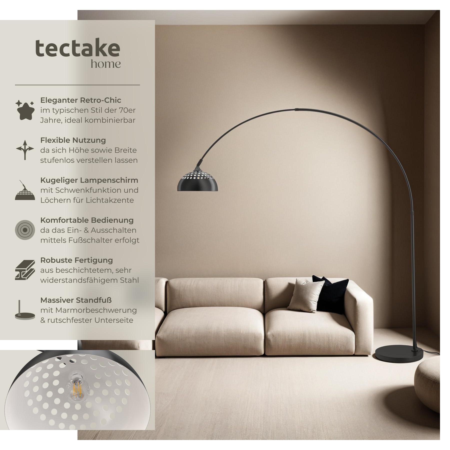 tectake® Bogenleuchte, Bogenlampe, Stehlampe Wohnzimmer, Esszimmerlampe modern, Schirmlampe hängend, Retro Vintage Optik, Lampe Esszimmer, Standleuchte, Standlampe - schwarz