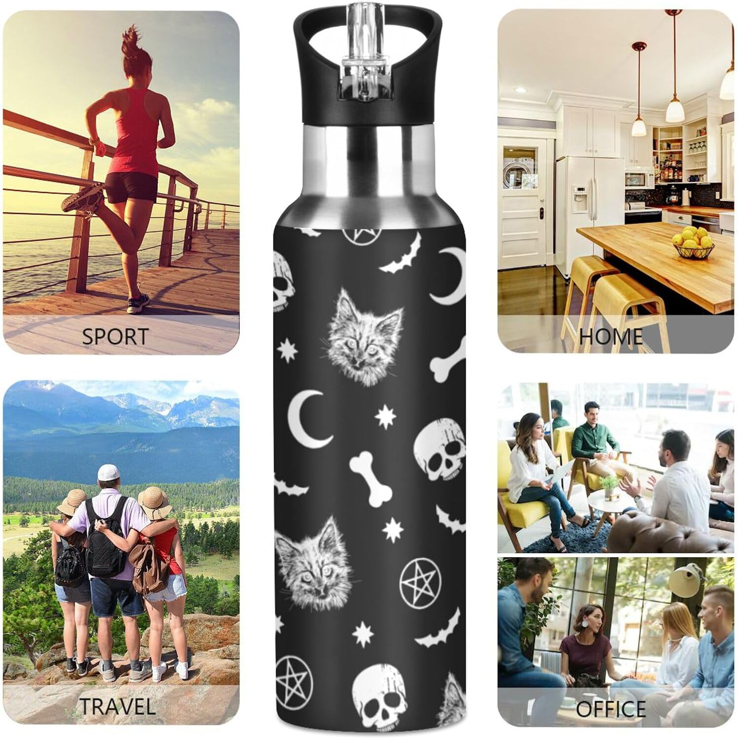 Black Skull Cat Moon Gothic Print Sport Water Bottle with Straw Lid Double Wall Vacuum Insulated Stainless Steel Water Bottle 20 oz
