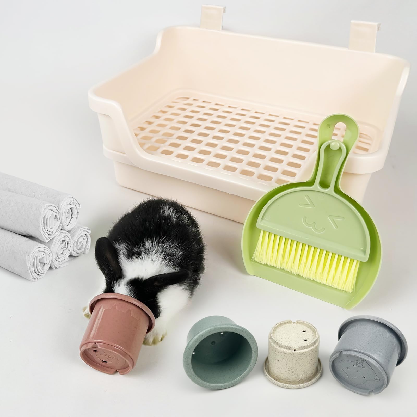 Large Rabbit Litter Box w/Plastic Grid & Dump Tray-Bunny Litter Pan Small Animal Potty Toilet - Pet Bunny Supplies Rabbit Cage Accessories for Training Corner Litter Box (Cream) - image 6