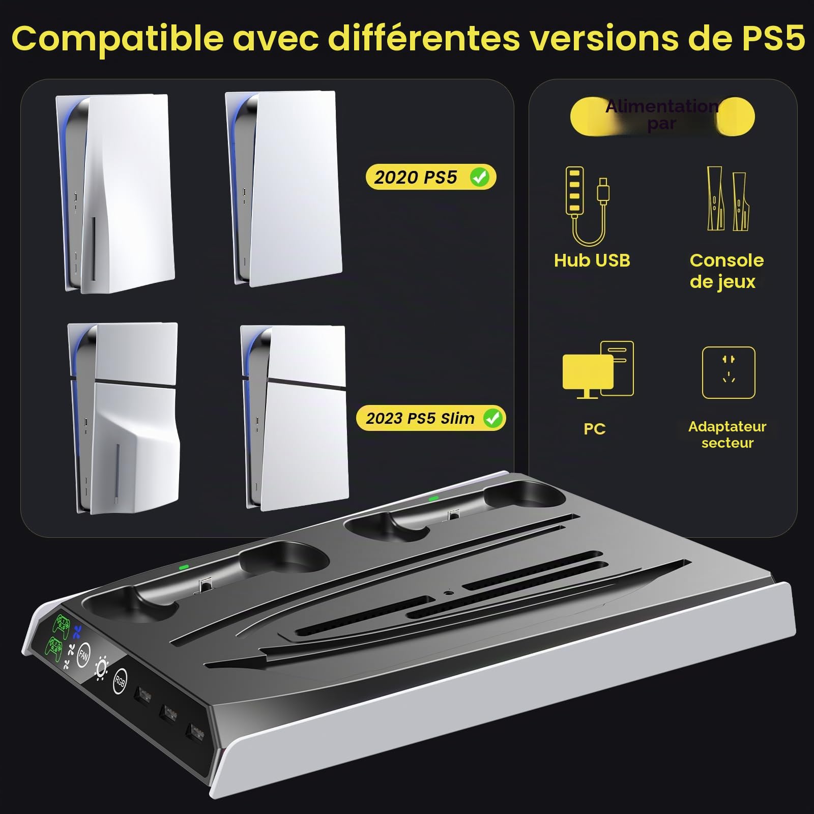 Fenolical Support PS5/Slim/Pro avec Ventilateur de Refroidissement réglable, Support de Chargeur de Refroidissement Vertical PS5 pour PS5/Slim/Pro, Station de Refroidissement Façades, Protections