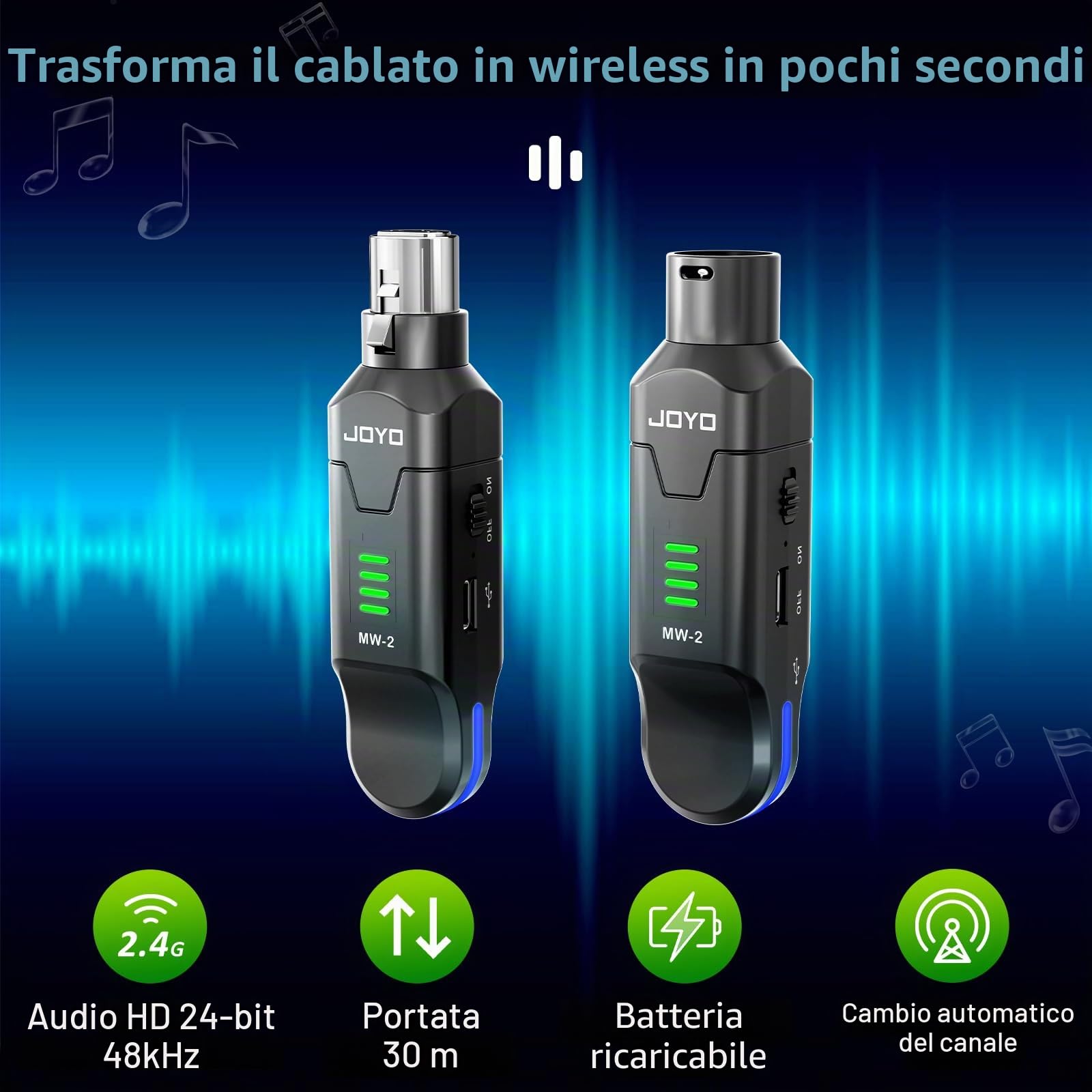 JOYO Sistema Micro Wireless 2.4GHz 4 Canali - Trasmettitore/Ricevitore XLR per Micro Dinamica/Phantom, Adattatore per Sono, Mixer Audio, Chiesa, Studio (MW-2)