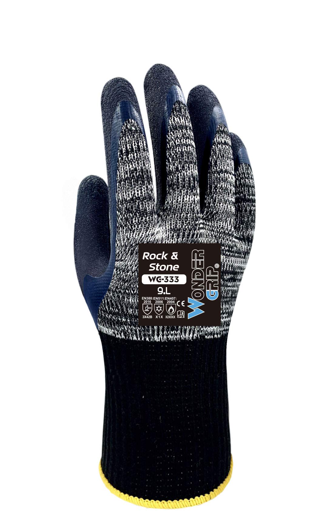 Wondergrip - Rock & Stone - WG-333 Safety Gloves - Double Latex Coating - Non-Slip Grip - Heat, Cold, Cut Level B Protection - Heavy Duty & Ergonomic Fit - Grey - Medium