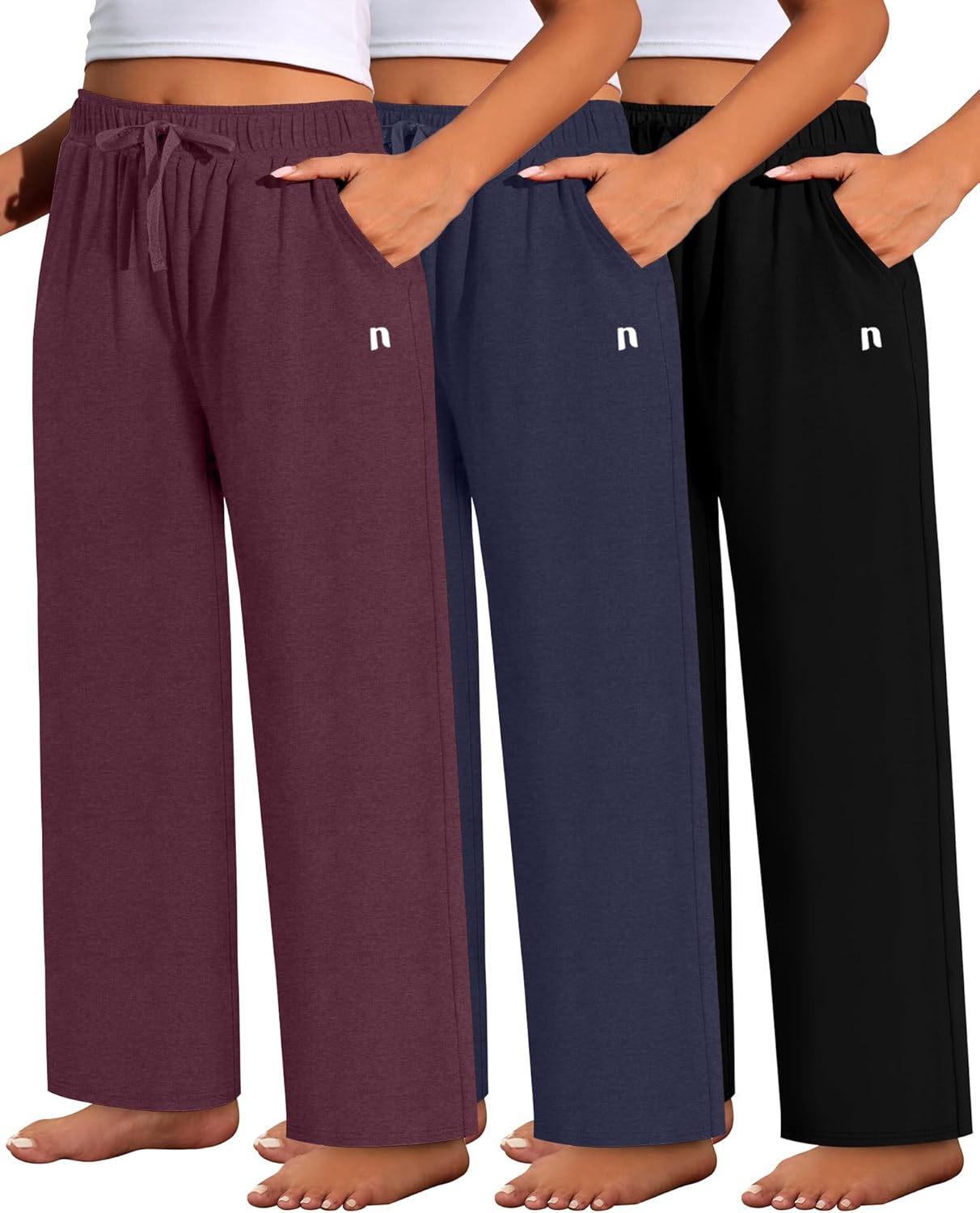 Neer 3 Pack Women's Plus Size Pants with Back Pockets, Wide Leg Casual Pants High Waist Lounge Elastic Drawstring Yoga Jogger