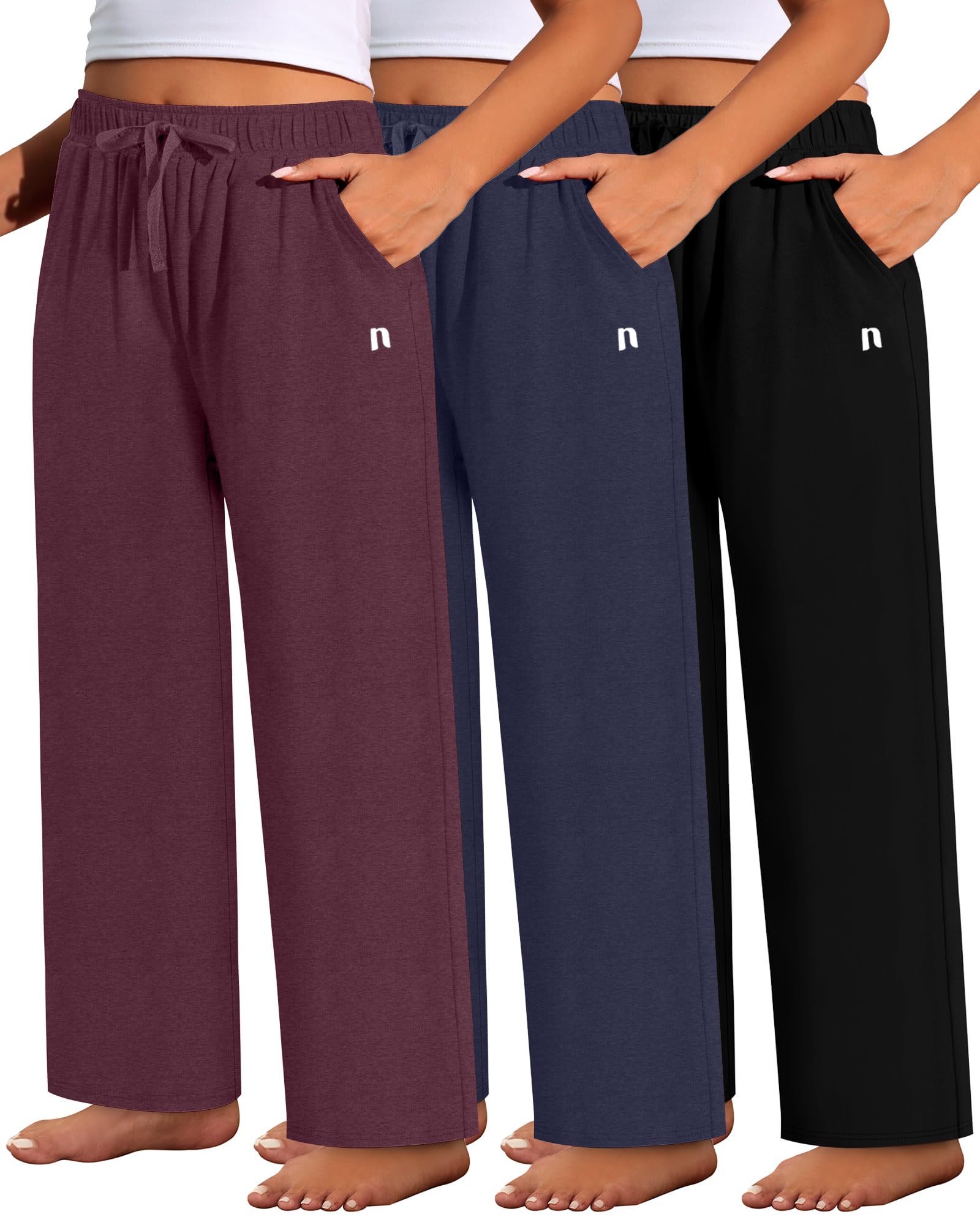 Neer 3 Pack Women's Plus Size Pants with Back Pockets, Wide Leg Casual Pants High Waist Lounge Elastic Drawstring Yoga Jogger