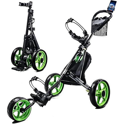 Golf Push Cart, 3 Wheels Folding Golf cart with Foot Brake & Phone Holder & Waterproof Cooler Bag, Portable Lightweight Quick Open Fold Golf Cart, Adjustable Handle