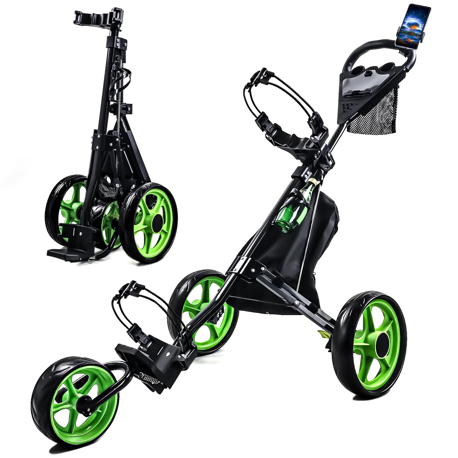 Golf Push Cart, 3 Wheels Folding Golf cart with Foot Brake & Phone Holder & Waterproof Cooler Bag, Portable Lightweight Quick Open Fold Golf Cart, Adjustable Handle