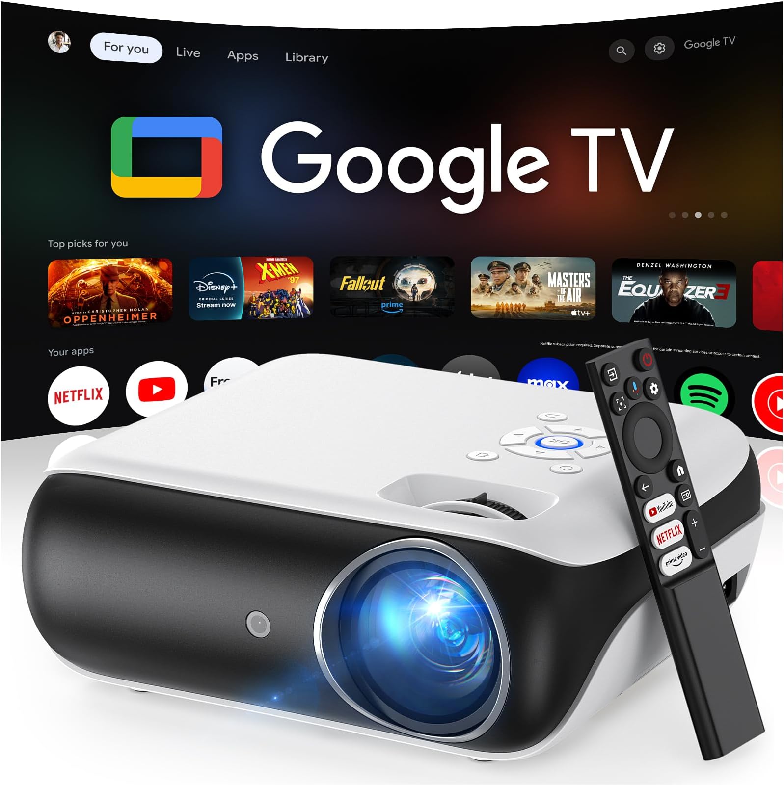 HAPPRUN Projector, Google TV Projector with WiFi and Bluetooth Support 4K Netflix License HDR 10+ Native Film Projector 1080P Outdoor Smart Home Cinema Projector