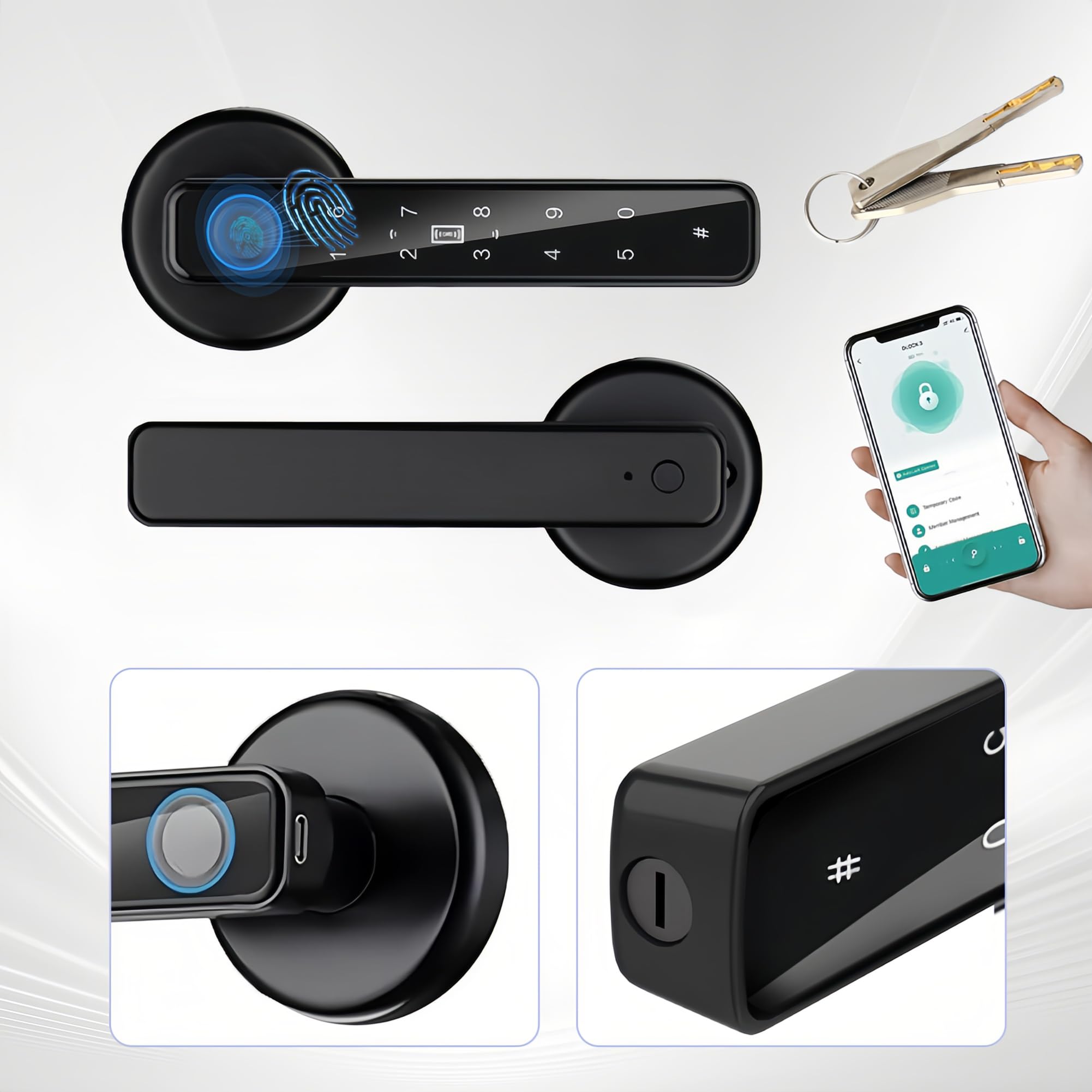 Poignée de porte intelligente, serrure de porte à empreintes digitales 5 en 1 avec contrôle par application, serrure de porte numérique sans clé, poignée de porte à empreintes digitales pour maison