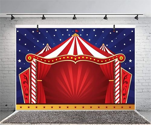 Miniatura 4 de Laeacco Telón de fondo rojo para tienda de campaña de circo de dibujos animados, rayas rojas y blancas, cortina roja de circo, 5 x 3 pies, fondo de
