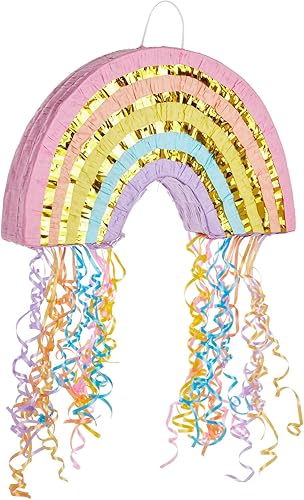 BLUE PANDA Pinata arcoíris con cuerda de tiro, pequeña, 16.5 x 10 x 3 pulgadas, color pastel, mini piñata de cumpleaños para decoración de