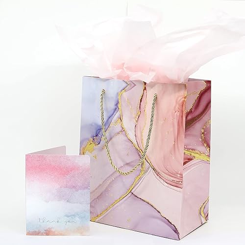 Miniatura 4 de Rosh Pinnah, Lujosas bolsas de regalo de mármol rosa y purpurina (4 paquetes)  Tamaño mediano 7.75 x 4.3 x 9.6 pulgadas  Con 4 papeles de seda y 4