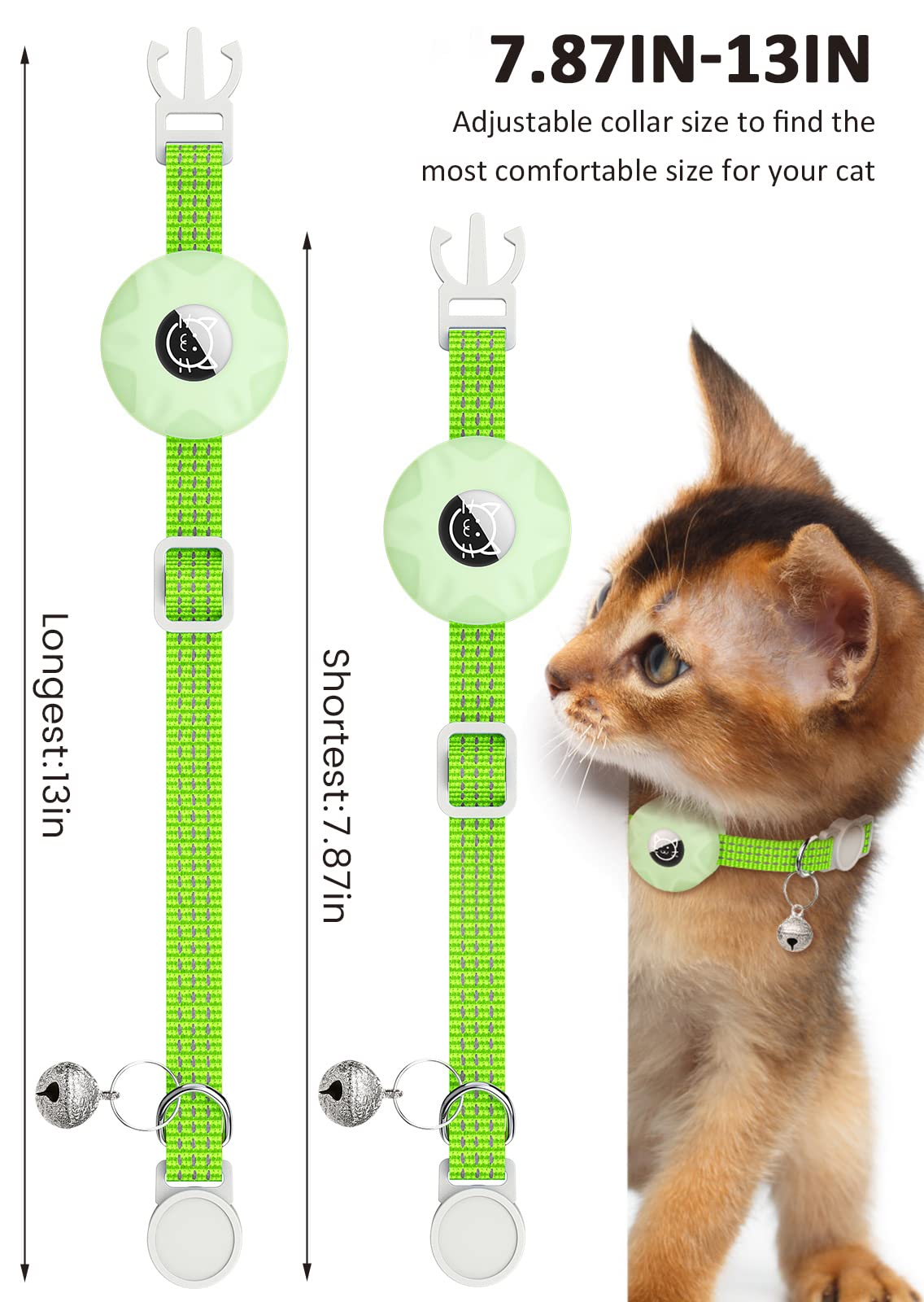 AirTag - Collar reflectante para gato, collar de gato Apple Air Tag, collar de gato GPS con soporte para AirTag y campana, collares ligeros para gatos y cachorros (verde luminoso)